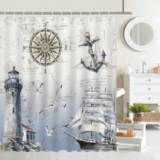 Nautical Sailboat Shower Curtain Lighthouse Compass Anchor Bathroom Shower Cu