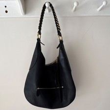 Black Pebbled Leather Hobo Bag Braided Handle Gold Hardware Outer Pocket Women  s