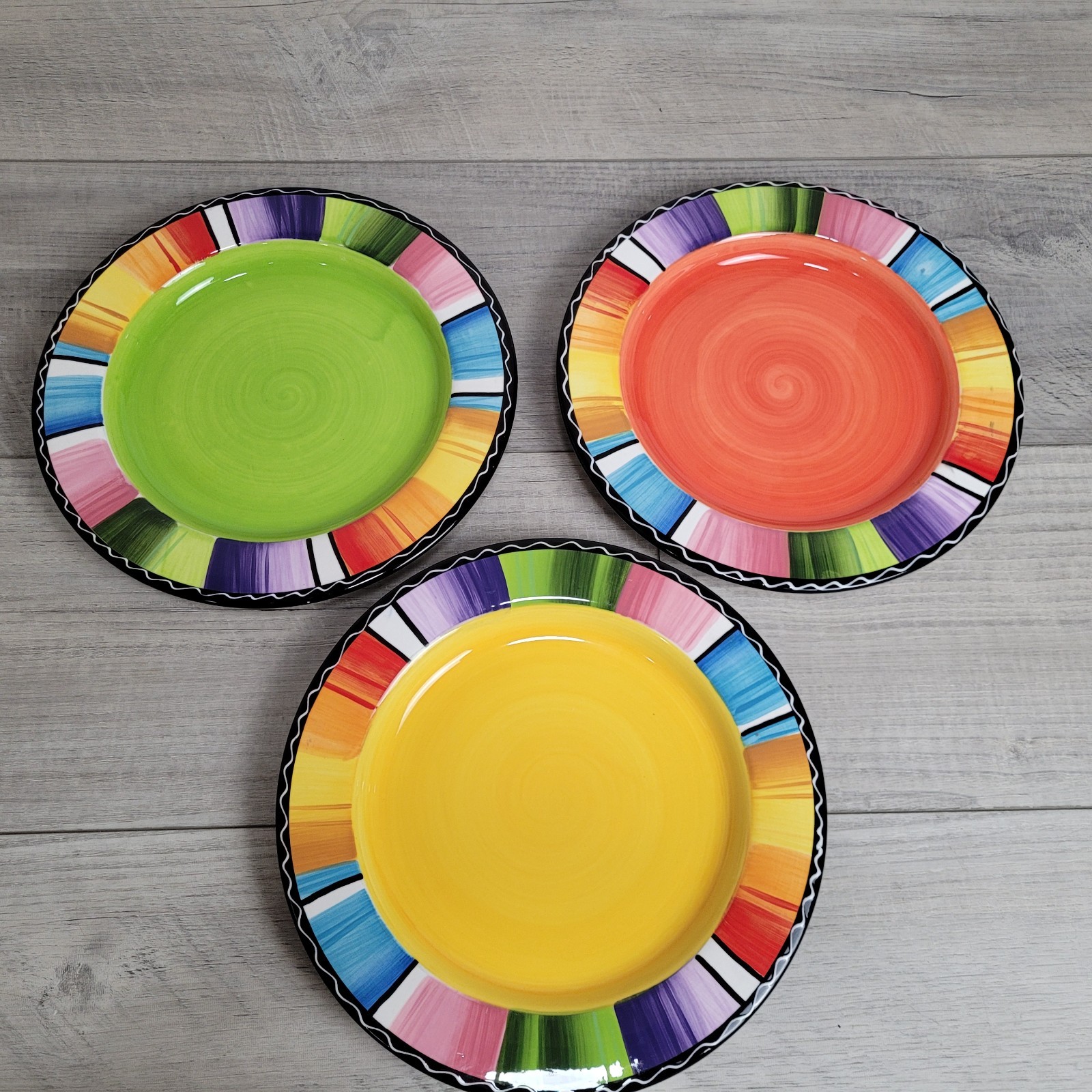 3-Certified International Colorful Serape Dinner Plates 11.5" Art by Nancy Green