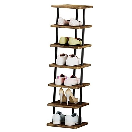 Vertical 7-Tier Narrow Metal Shoe Rack Organizer in Black & Rustic Brown-image