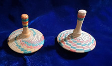 2 Hand Painted  Carved Wood Spinning Tops