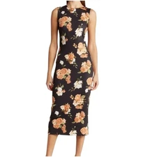 WeWoreWhat Dress Womens Medium Black Floral Muscle Tank Midi Bodycon Fitted