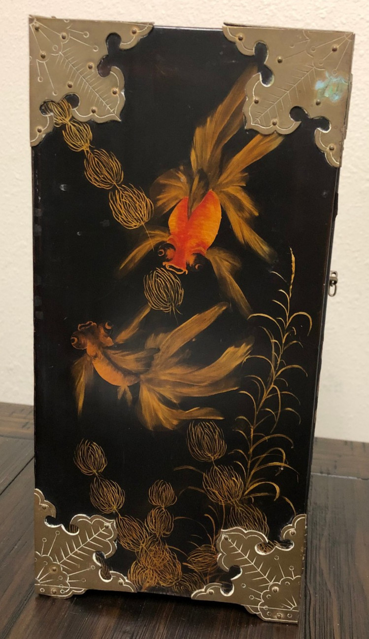 Vintage Asian/Vietnam Wood w/Black Laquer/Brass/Painted Fish/Jewelry Cabinet/Box