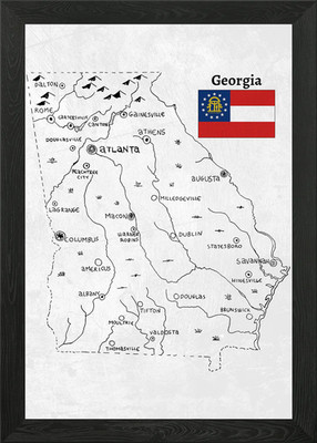 Hand Drawn Map of Georgia (US State Framed Wall Art Poster Canvas Print Picture