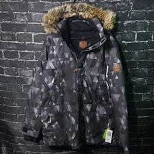 Obermeyer Mens Large Gray Parka Jacket Ridgeline Geometric Coat Insulated Faux