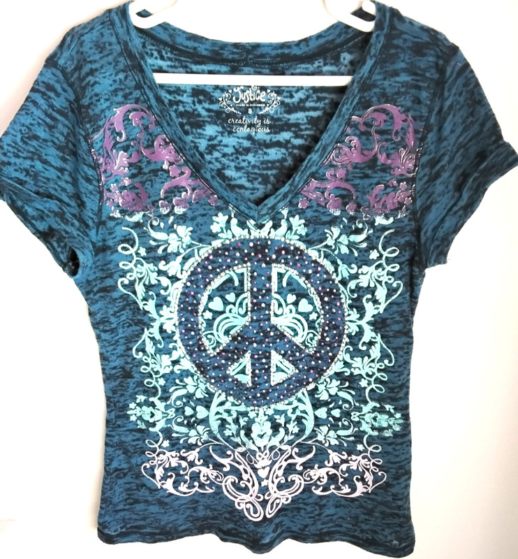 Justice Girls Short Sleeves Top Shirt Blue Sparkling Peace Sign Size 8