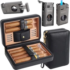 Travel Cigar Humidor Set,Torch Lighter with V Cutter, Hole Punch, Black 