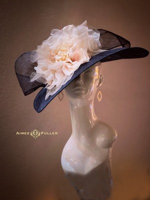 Aimee Fuller Navy Blue Off White Kentucky Derby Hat Big Del Mar Race Royal Ascot
