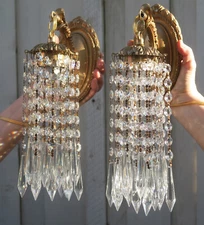 Pair Vintage Sconces Brass waterfall Crystal prisms lamps with plugin cords