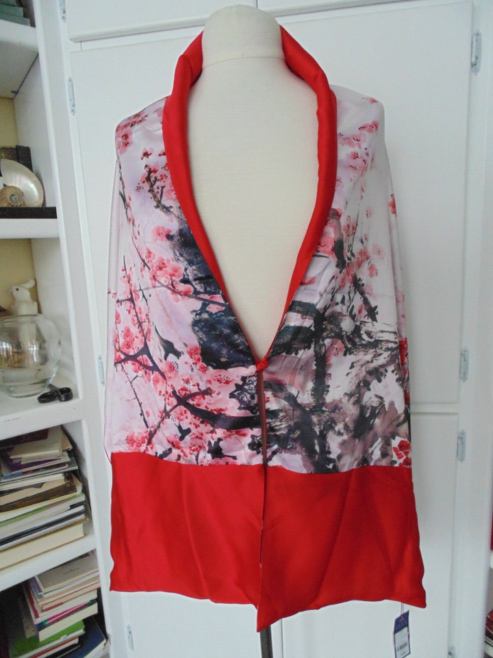 New Red Black Silk Reversible Floral Wrap Long Scarf Shawl Vest Kimona