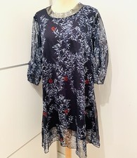 SALE! WOMENS Chiffon Soft Floral Navy Midi Dress.Ruched Sleeves. Medium Size 10.