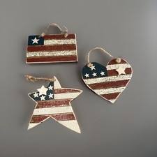 3 Pcs Wooden Rustic July 4th Patriotic Heart, Star, Plaque Decor Hanging