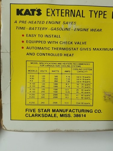 KAT'S K50 120 Volt 500 Watts External Type Engine Heater Save Fuel And Gasoline - Picture 7 of 7