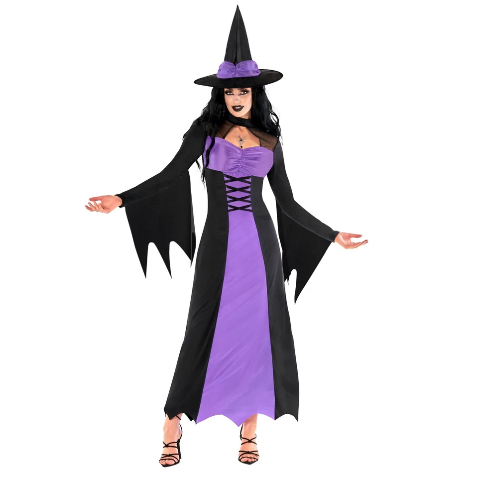Sexy Mujer Largo Púrpura Bruja Halloween Disfraz y Sombrero Damas Vestido Malvado S-3XL Foto 3 de 4