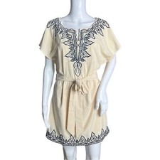 C. Luce Dress Womens Medium Ivory Navy Blue Embroidered Mini Embroidery Bohemian