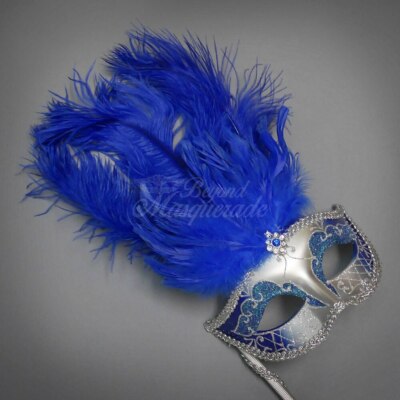 Handheld Stick Mask | Feather Masquerade Mask M6150 Blue Silver
