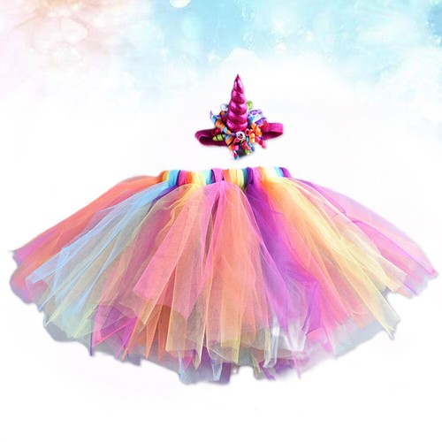 Children Rainbow Color Tutu Skirt Dress Unicorn Headwear Skirt Set for Girls - Picture 4 of 12