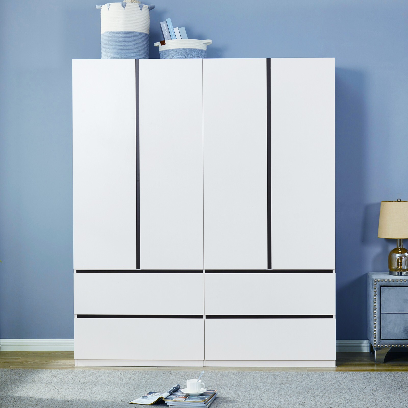 White 4-Door Wood Wardrobe Armoire Closet for Stylish Clothes Storage-image