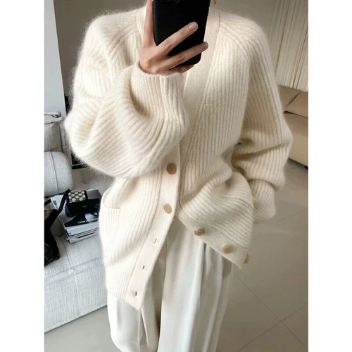 100% Wool Cashmere Cardigan Sweater Women Warm Loose Thicken Knit Sweater Jacket - Bild 12 von 13