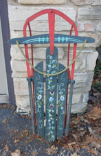 Vintage ROSMALING Painted 41" Wood  Metal Snow Sled holiday home lodge decor
