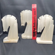 Marble Horse Bookends Stone 7" Carved Striped Onyx Chess Knight Vintage Set of 3