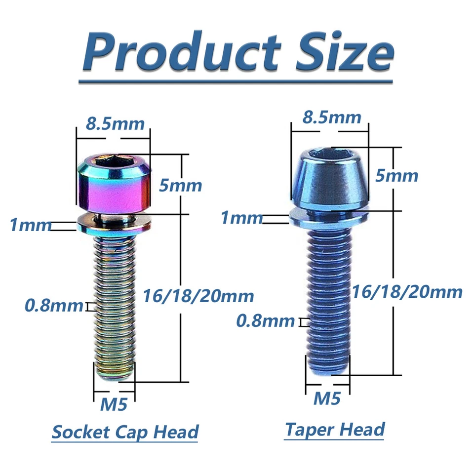 Titanium Bolt M5x16/18/20mm MTB Bike Handlebar Stem Riser Allen Hex Screw Washer - Image 2 of 4