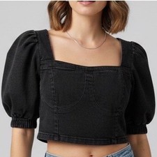 H M Divided Faded Black Denim Corset Top Puff Sleeve Zipper Front Crop Size M