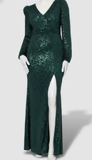 XSCAPE Womens Green Sequined V-Neck Side-Slit Gown Dress Petite Size 6P