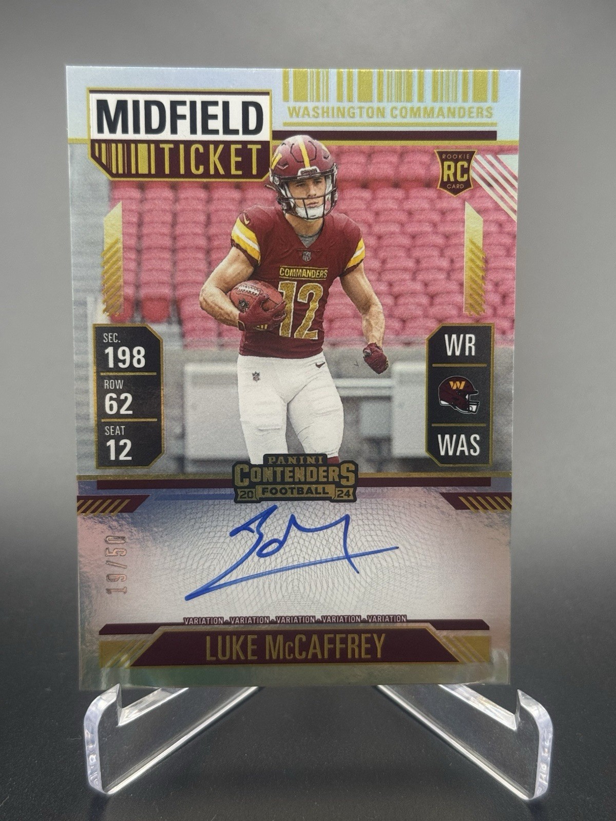 Luke McCaffrey 2024 Panini Contenders Auto Midfield Ticket Variation /50 RC #121
