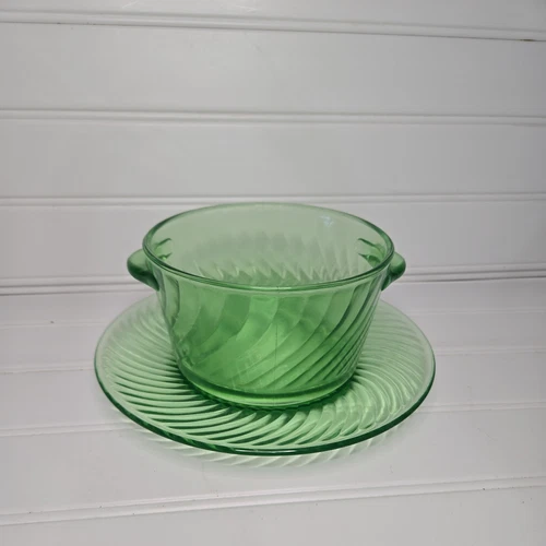Vintage Anchor Hocking Uranium Glass Swirl Pattern Butter Handle Dish W/Plate
