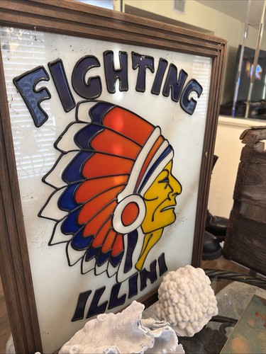 Vtg Painted on Glass Chief Illiniwek Fighting Illini University of ILL 22x18