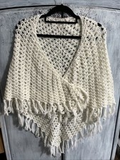Handmade crochet fringe shawl Boho cottage core feminine Osfm White