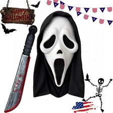 Ghostface Mask Bloody Machete Slasher Ghoul Killer Scream Costume Halloween Set