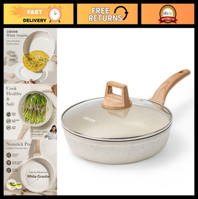 8'' Non-Stick Frying Pan with Lid - White Granite Skillet, Omelet & Egg Pan, PFOS