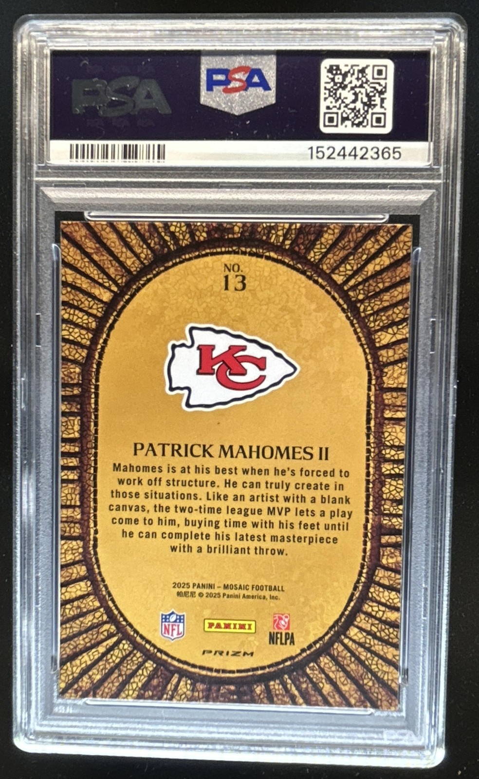 2025 Panini Mosaic Patrick Mahomes II Micro Mosaic SP #13 Chiefs PSA 10 GEM MINT view 2