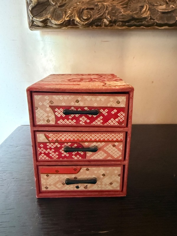 Vintage Japanese Washi Paper 3 Drawer Jewelry Box Red Floral Miniature Tansu Box