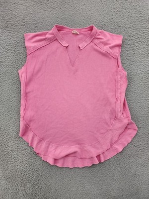 Peach Love Top Wome's Small Pink Waffle Knit V-Neck Sleeveless Ruffle Hem