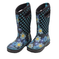 Bogs Rain Boots Kids Size 11 Blue Flower Dots Waterproof Handles 71436-444