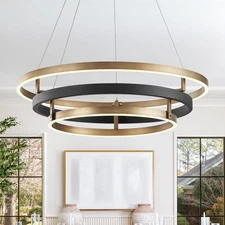 FookChak Modern Brass Chandelier for Living Room LED 3-Ring Dimmabel Chandeli...