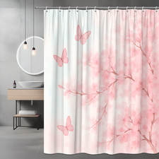 Pink Floral Shower Curtain with Butterflies - Cute Bathroom Decor