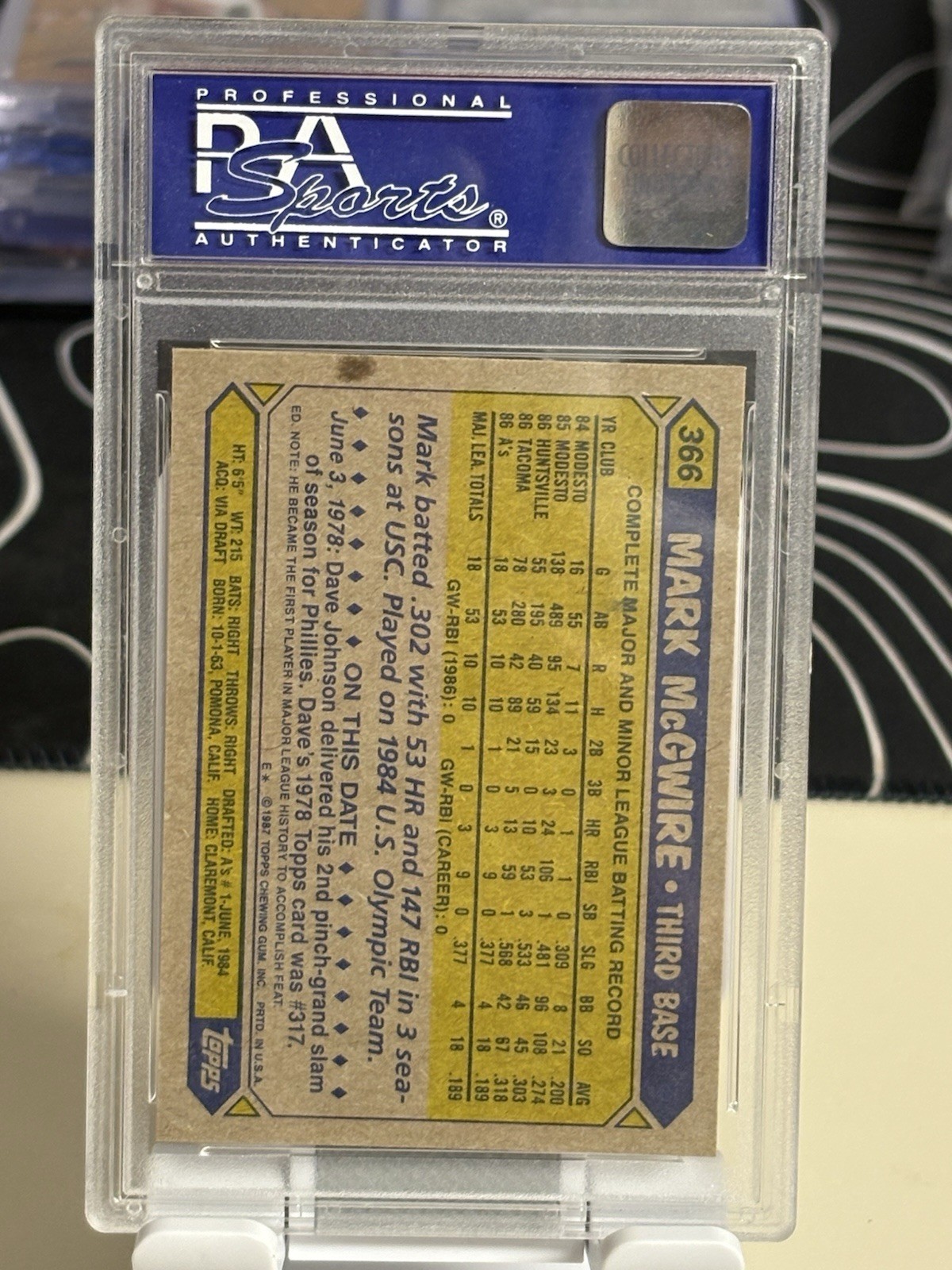 1987 Topps Mark McGwire #366 PSA 9 Oakland Athletics Baseball view 2