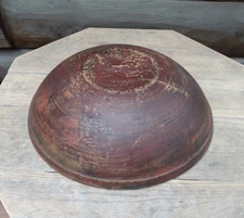 Large Antique RED Turned Wood 15 in Rimmed Collar Primitive Wooden Dough Bowl