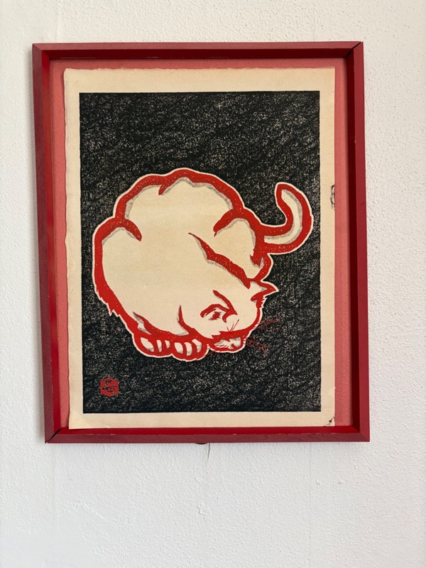 Hasegawa Sadanobu "Red Cat" Original Japanese Woodblock Print w/ Display Ease