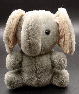 Vintage 1971 R Dakin Plush Stuffed 8'' Gray Elephant Big Calico Floral Fabric Ear