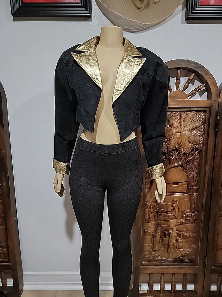 Chaqueta De Colección Años 80 Philip Noel Bolero Negra Gamuza Dorado Recortada Glamour Talla M # C3 Foto 2 de 4