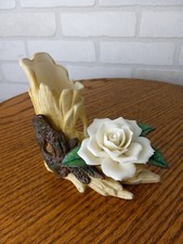 Vintage Capodimonte style Porcelain White Rose on Log Figure Taiwan 5" x 6"