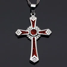 Red Opal Cross Pendant Necklace Christian Jewelry for Men Women Gift Chain