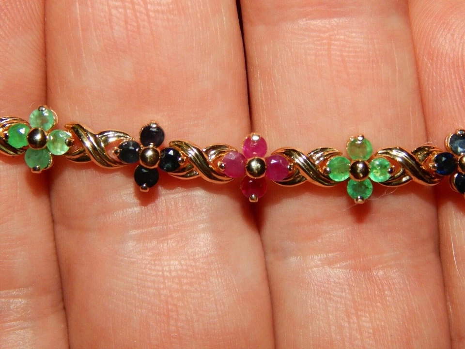 7 克拉模拟红色红宝石和蓝宝石,翡翠网球手链 14K 黄金饰面 — 第 2/4 张图片