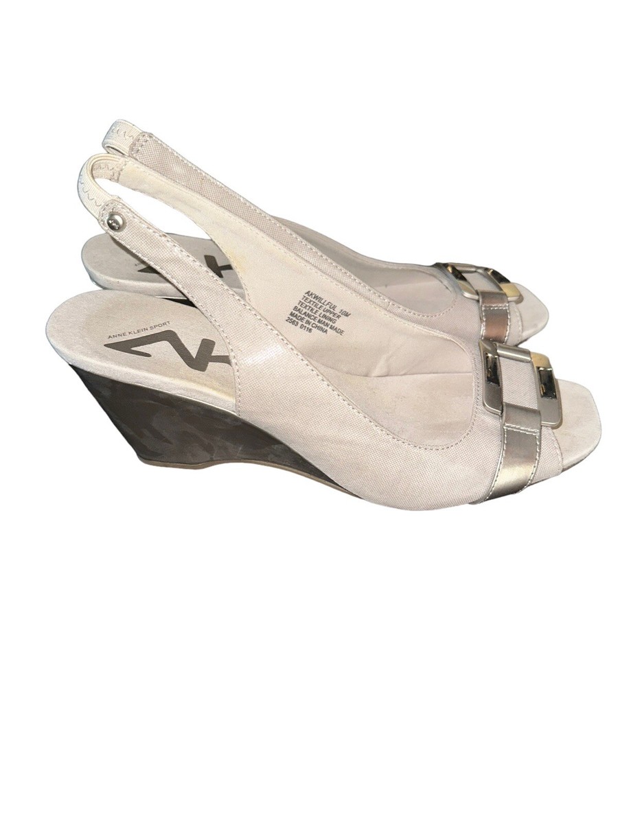 Anne Klein Sport Open Toe Sling Back Wedge Heel Pewter Gray Buckle Womens  Sz 10