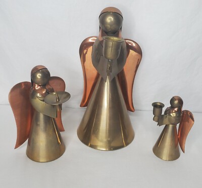 Vintage 70s Christmas Angel Candle Holders Brass Copper Set Of 3 Angels